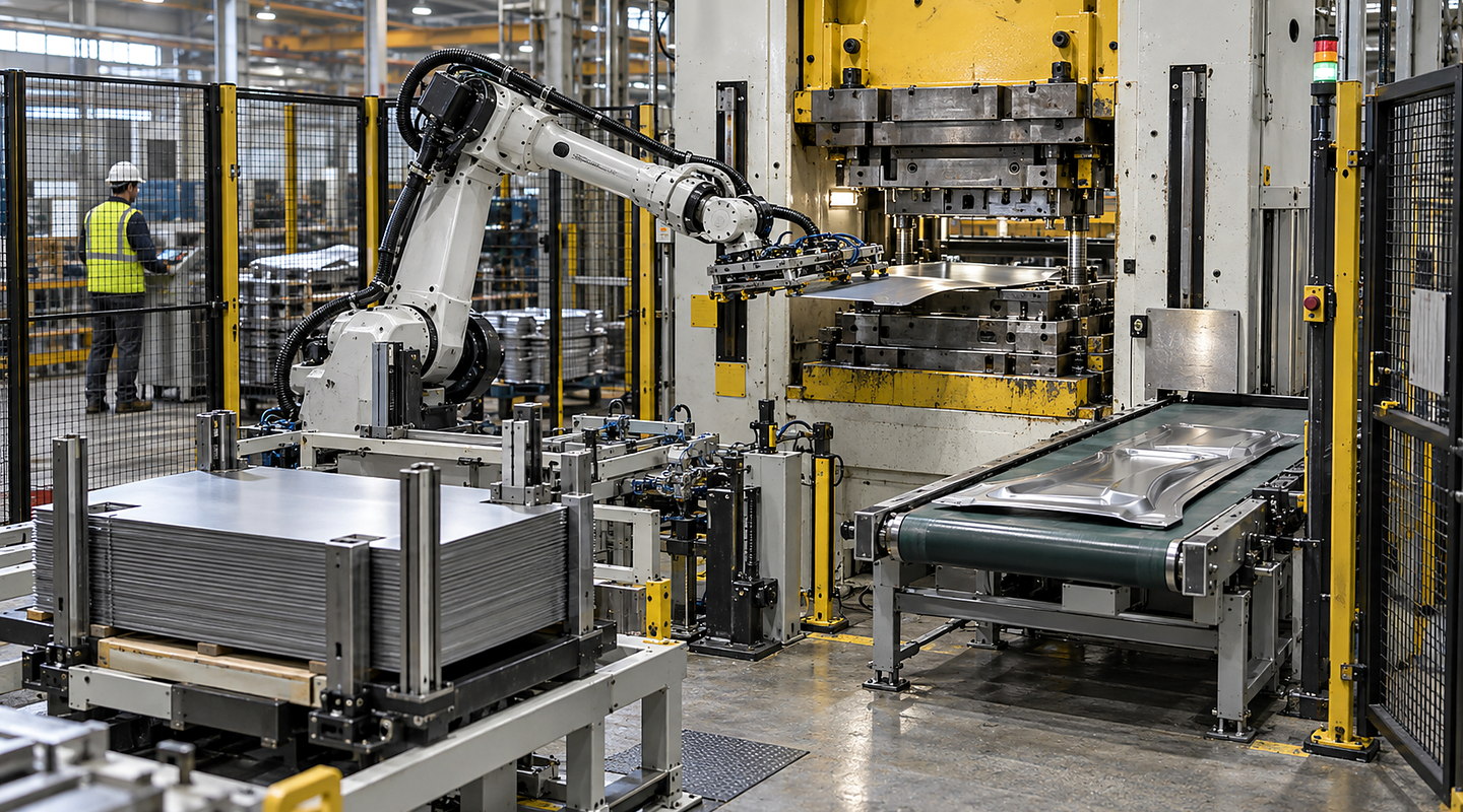 A robot safely loading blanks into a press inside a guarded cell, with blank stack, press interface and discharge conveyor visible.